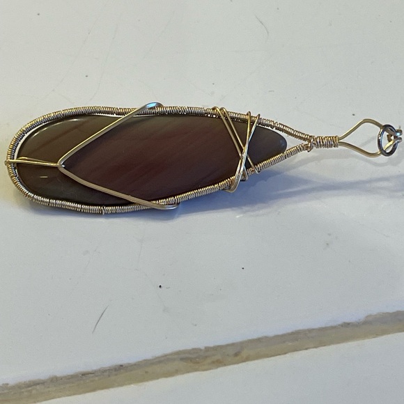 Natural Agate Stone Pendant In Gold Filled Wire 3” Long 1" Wide - Picture 5 of 11